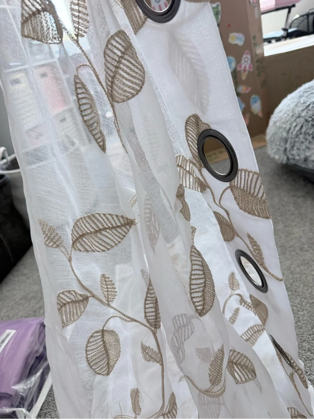 Neutral Leaf Embroidered Sheer Grommet Curtain Panel 38” x 84” 4 panels